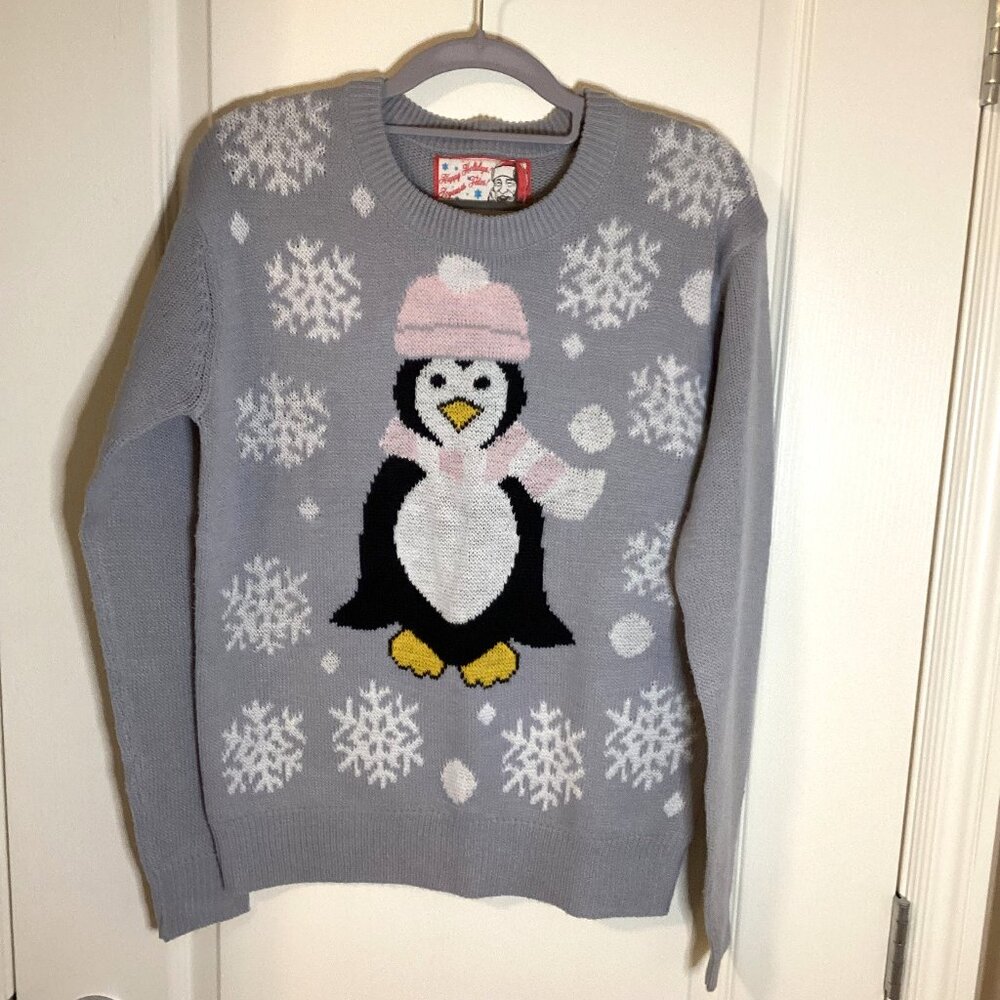 Happy Holidays Women's Grey Knit Christmas Penguin Sweater Size SP Festive